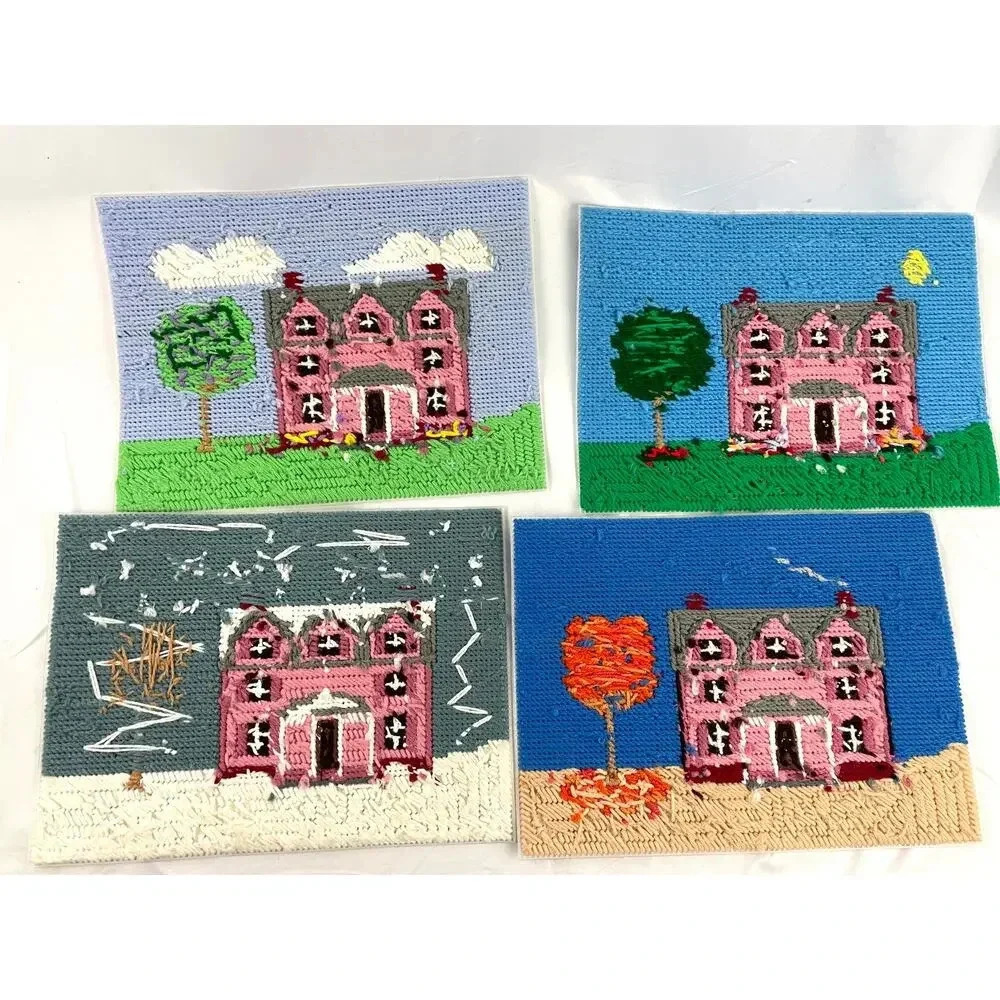 VTG 4 PC Needlepoint‎ Yarn Art Embroidered Houses Artwork Wall Art Mini 13"X9.5"
